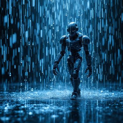 The primary subject of the image is a robot standing in the rain. The robot is the main focus of the scene, and it appears to be a futuristic, metallic figure. The setting is a rainy environment, with the robot standing in the rain, and the background features a dark, rainy sky. The visual style of the image is a combination of photo and digital art, creating a unique and intriguing scene. The colors in the image are predominantly dark and blue, giving the image a moody and atmospheric feel.